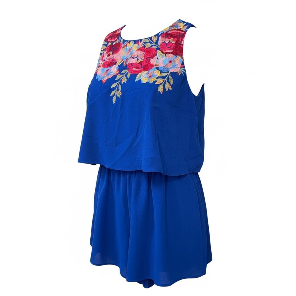 Women's Royal Blue Floral Embroidered Romper, Sleeveless Summer Shorts Set, Size